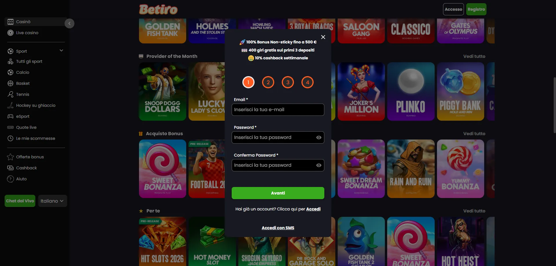 Recupero password account Betiro Casino per giocatori italiani