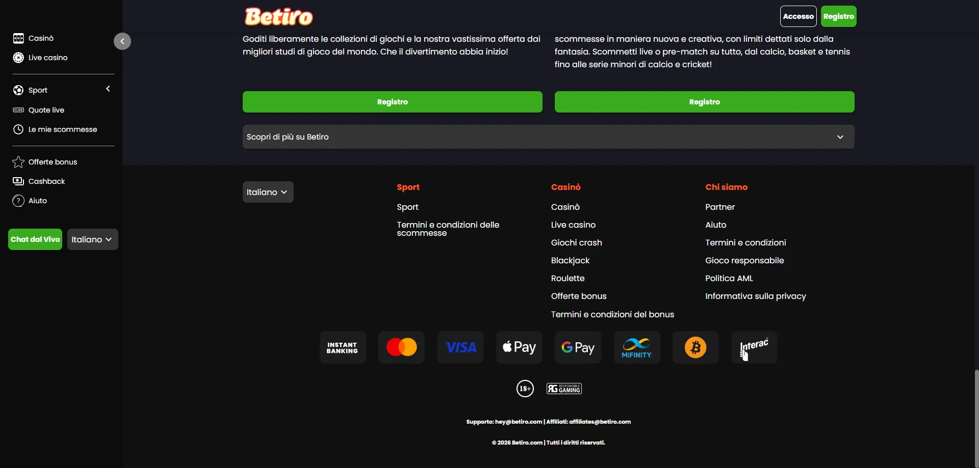 Betiro Casino accesso mobile da smartphone e tablet italiani