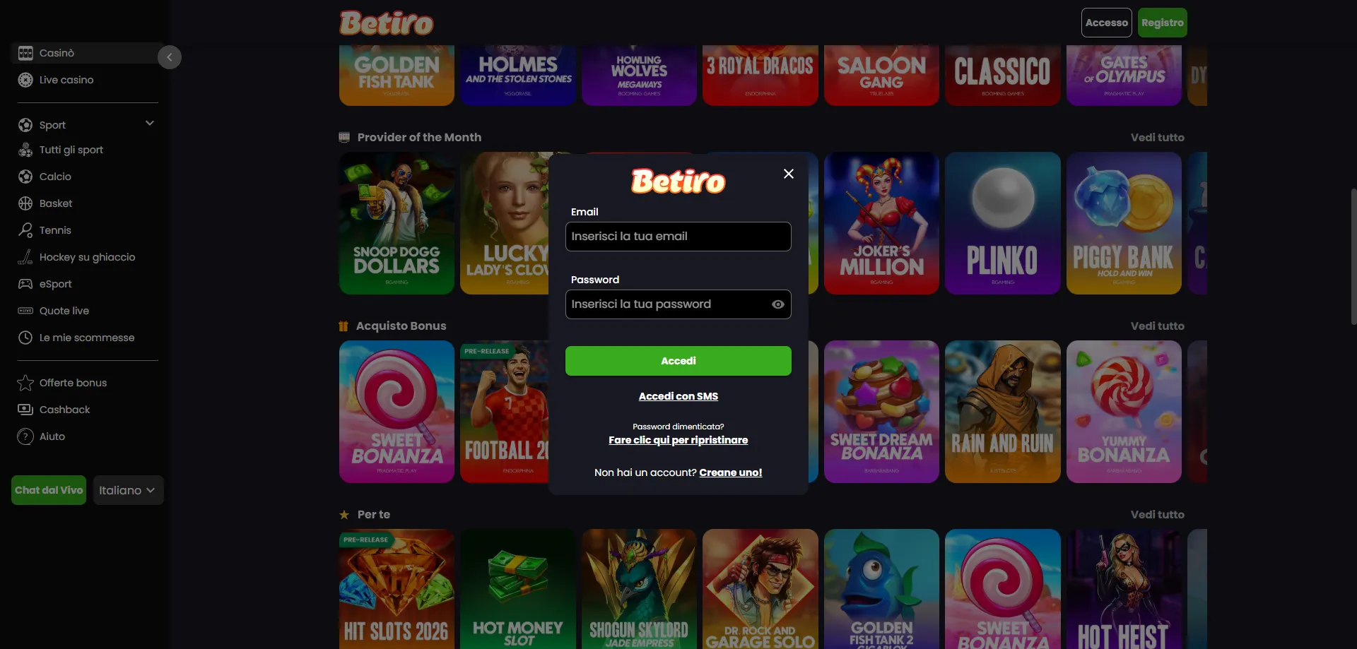 Accesso all'account Betiro Casino per richiedere un prelievo