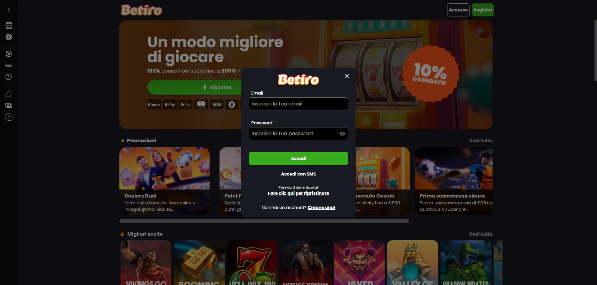 Betiro Casino login accesso account giocatori italiani