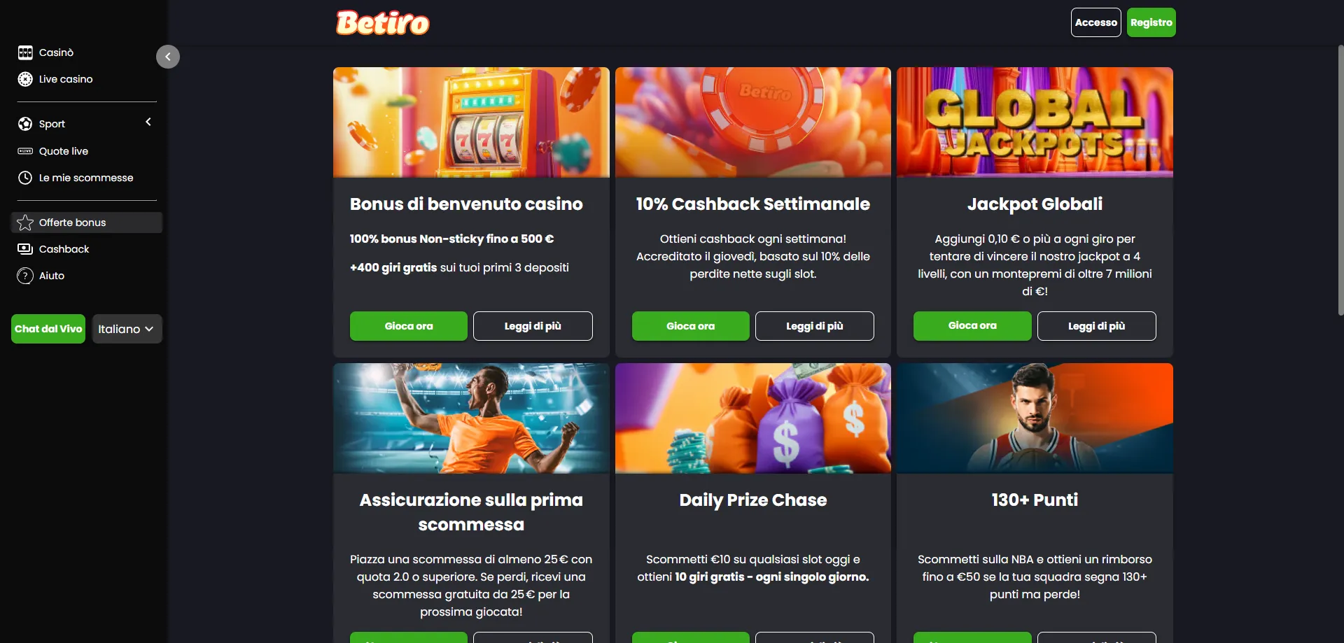 Betiro Casino bonus e promozioni 2026 — cashback e giri gratis
