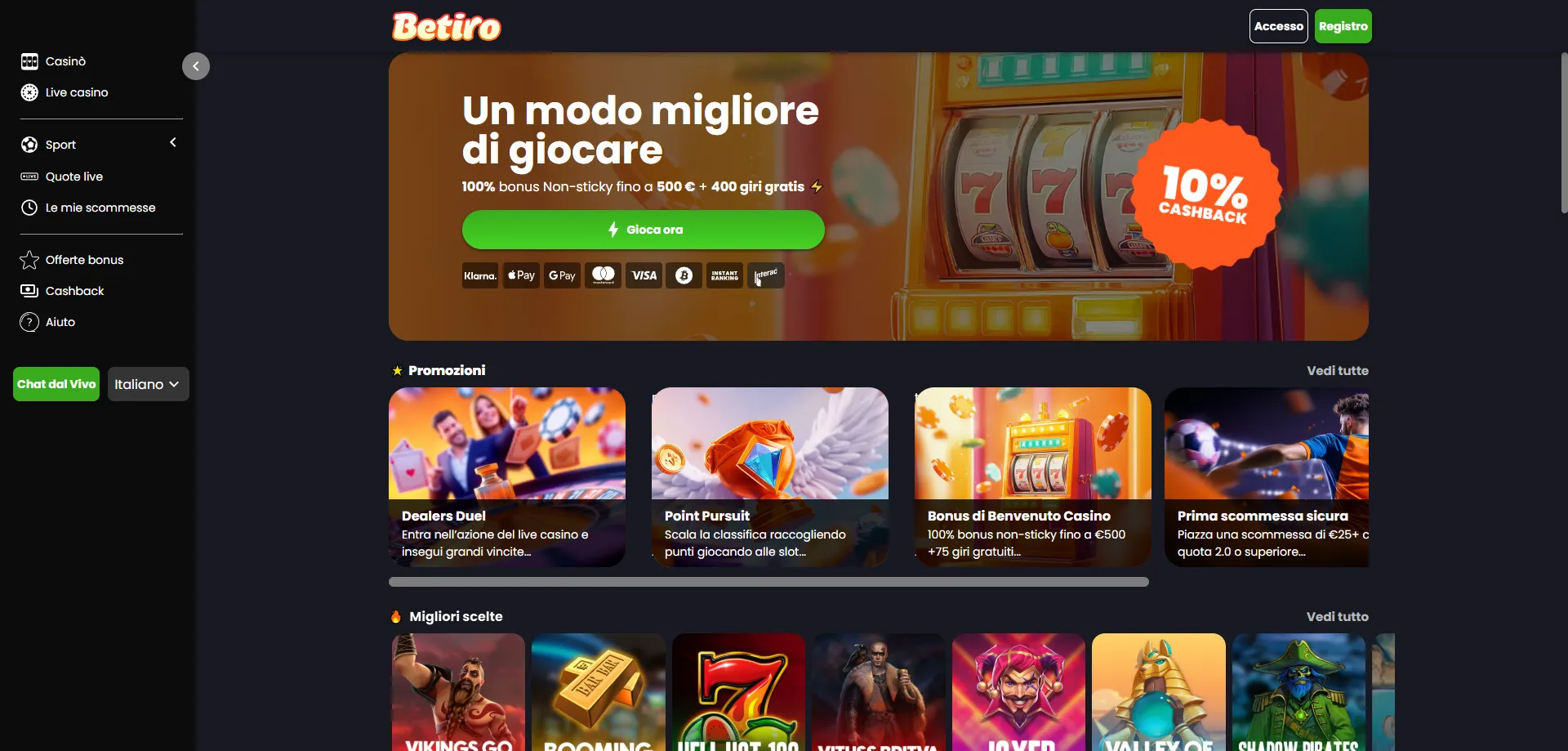 Betiro Casino mobile — gioca da smartphone senza download