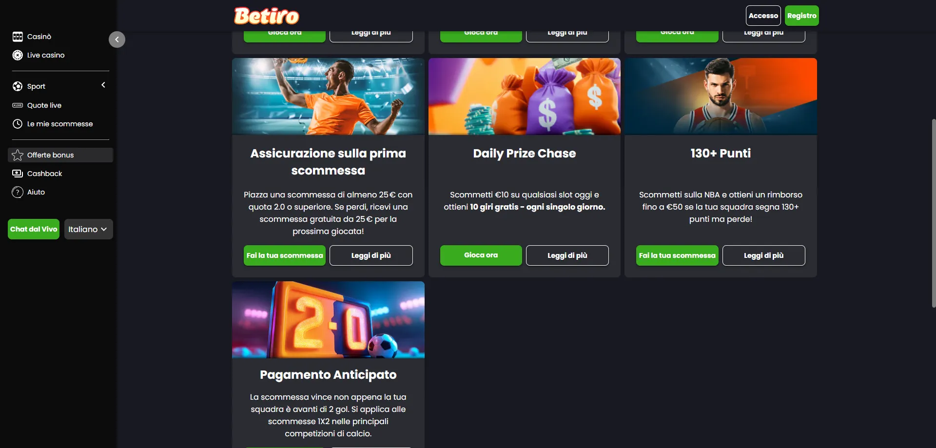 Betiro Casino bonus benvenuto fino a 5000 euro e free spin