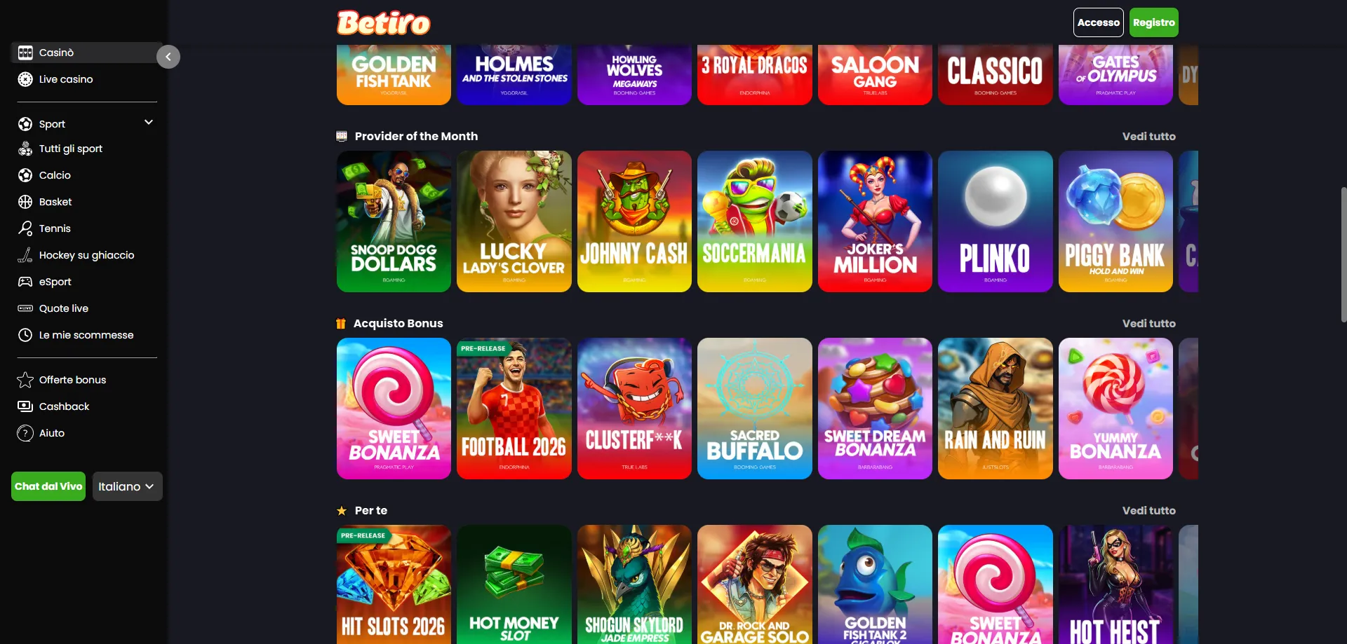 Betiro Casino giochi online — oltre 3000 slot e tavoli live